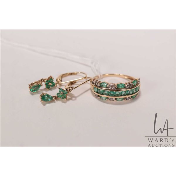 14kt yellow gold ring set with Zambian emeralds and diamond, size 8.75 and a pair of co-ordinating 1