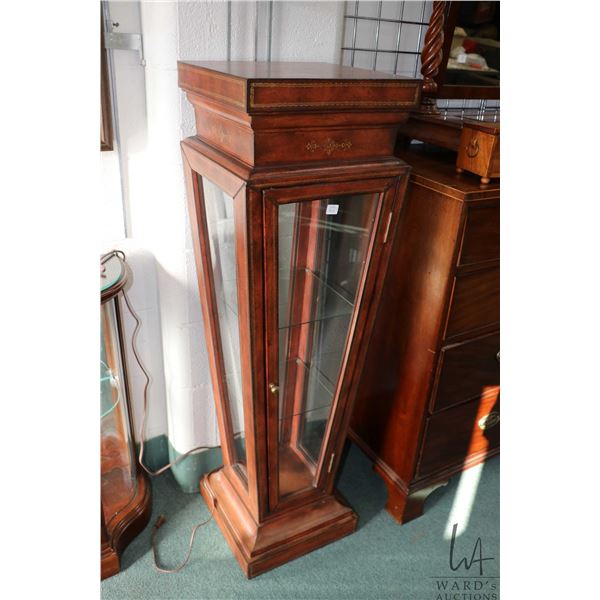 Maitland Smith tooled leather wrapped curio/ display with two glass shelves, 48" in height X 14 1/2"