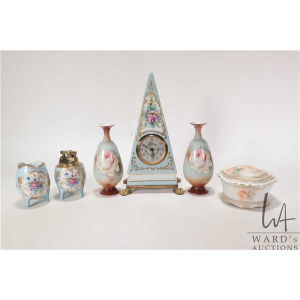 Selection of collectible vintage china incuding Birks hand-painted clock, cigarette holder and light