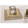 Image 2 : Antique brass inkwell with decorative scroll and grotesque mascaron detailing and clear bevelled cry