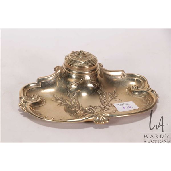 French Art Nouveau style brass desk inwell set with hinged pot, ceramic liner and floral repousse de
