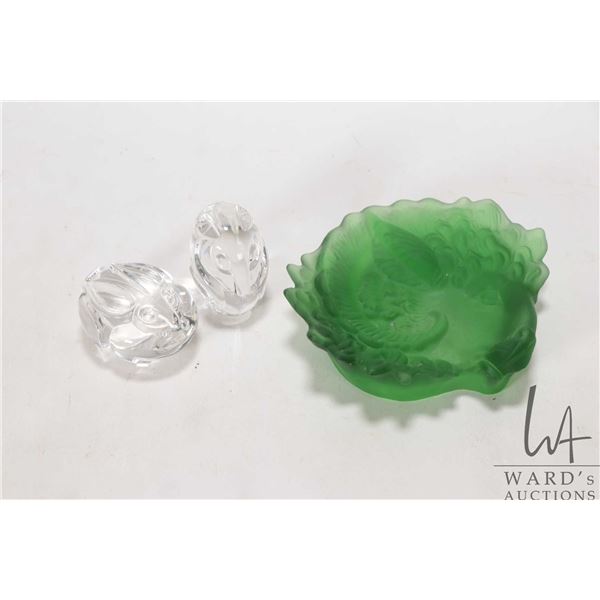 Three pieces of rare and collectible glass including two signed Steuben glass rabbit motif hand cool