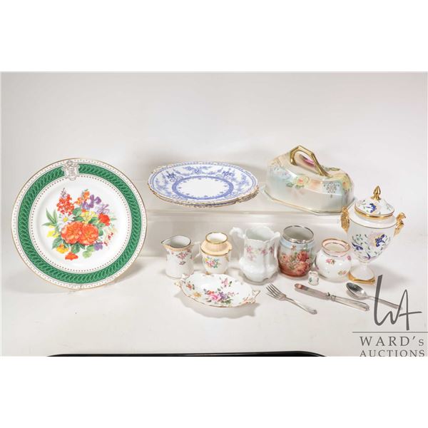 Selection of vintage and antique porcelain collectibles including Coalport lidded urn, small jugs, h