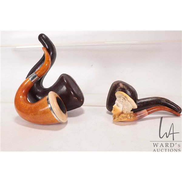 Antique Calabash amber Meerschaum pipe with fittted leather case and a smaller Meerschaum figural pi