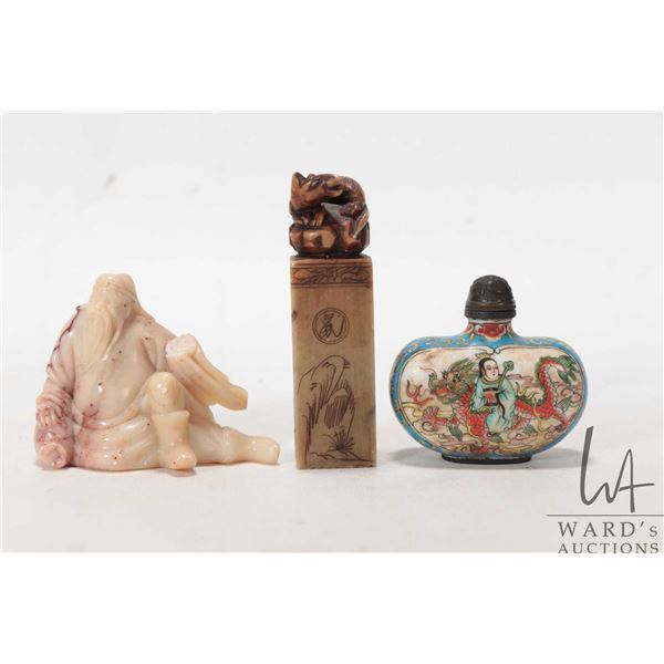 Vintage/ antique Asian cloissone enamel snuff bottle, hand carved soapstone seal and a figural carvi
