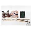 Image 1 : Selection of vintage collectibles including anrique bincoluars, cast metal bank, small razor, foldin