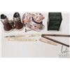 Image 3 : Selection of vintage collectibles including anrique bincoluars, cast metal bank, small razor, foldin