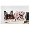 Image 6 : Selection of vintage collectibles including anrique bincoluars, cast metal bank, small razor, foldin