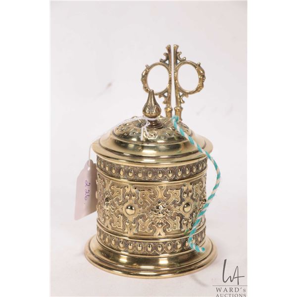 Antique Victorian English brass twine dispenser with matching scissors