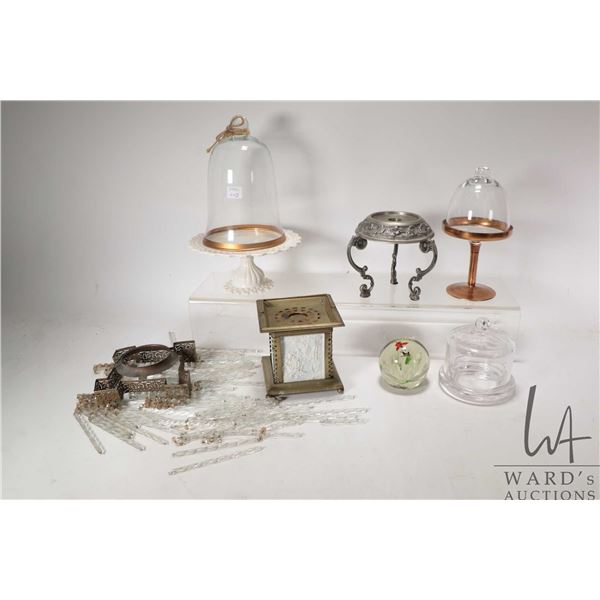 Selection of collectibles including glass bell cloches, antique lithopane lantern, hand blown glass 