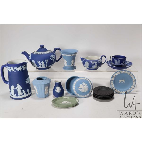 Large selection of vintage Jasperware including teapot, water pitcher, creamer, lidded trinket box, 
