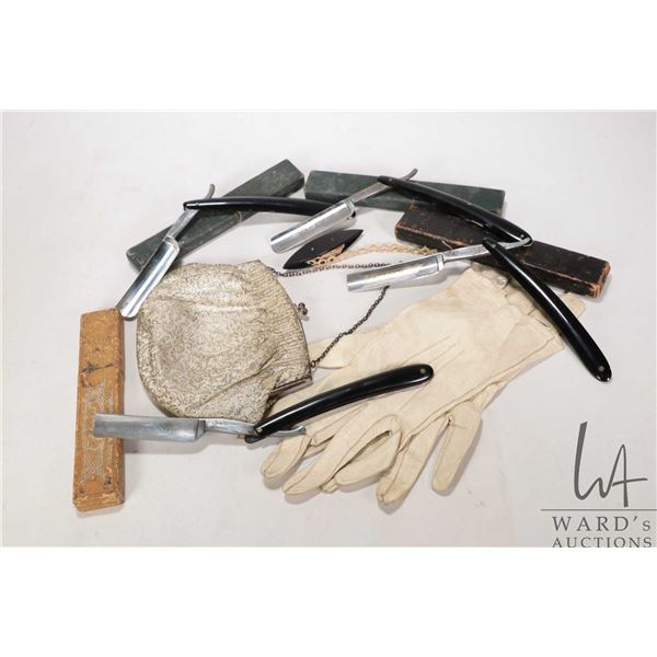 Selection of vintage boxed straight razors, pair of kid leather gloves and vintage purse etc.