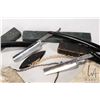 Image 2 : Selection of vintage boxed straight razors, pair of kid leather gloves and vintage purse etc.