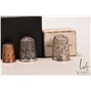 Image 3 : Six collectible thimbles including Inuit carved scrimshaw featuring a dog sled team, two boxed sterl