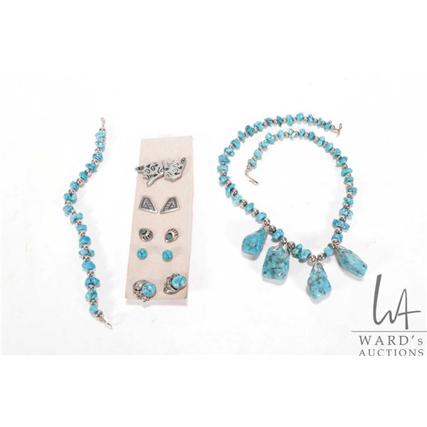 Selection of silver and turquoise jewellery including 18" necklace, matching bracelet and five pairs