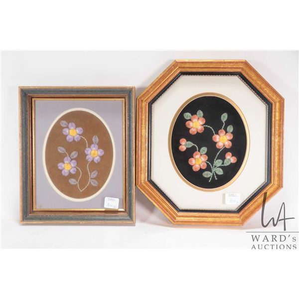 Two vintage framed moose tufted florals, each in 11" X 10" frame, one square and one hexagon