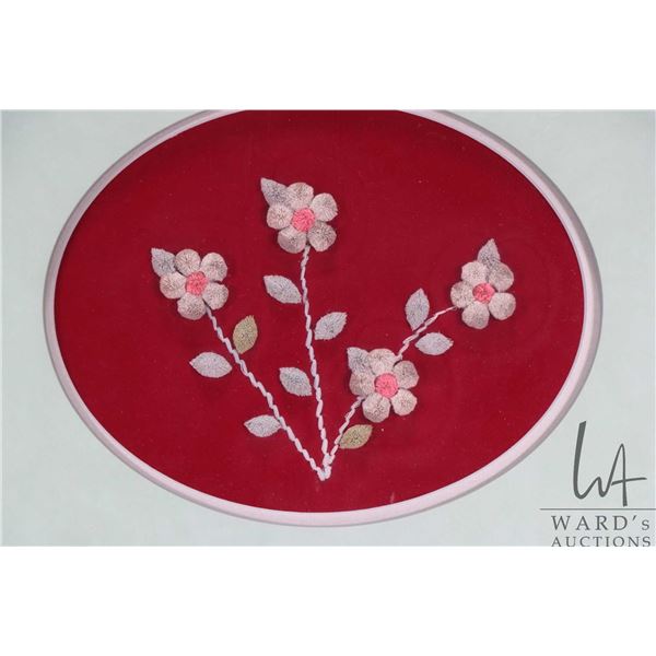 Mary Simpson, Fort Chipewyan, framed floral moose tufting, overall dimensions including frame 12" X 