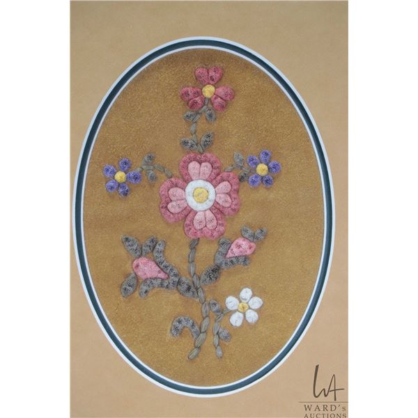 Vintage framed floral moose tufting, overall dimensions including frame, 15" X 12 1/2"