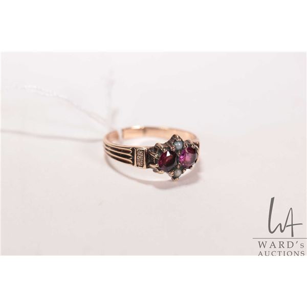 Antique tested 10kt yellow gold ring set with two amethyst gemstones and seed pearls, size 7