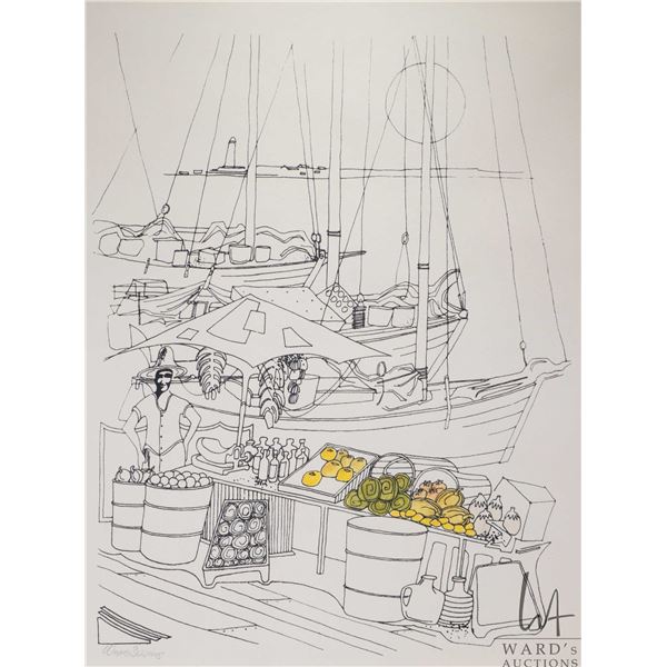 Wayne Session, black ink and coloured pen drawing of a fruit stand near a marina, 24" X 19"