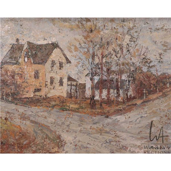 Laurence, oil on canvas impasto painting of a impressionistic house on a street corner, 15 1/2" X 19