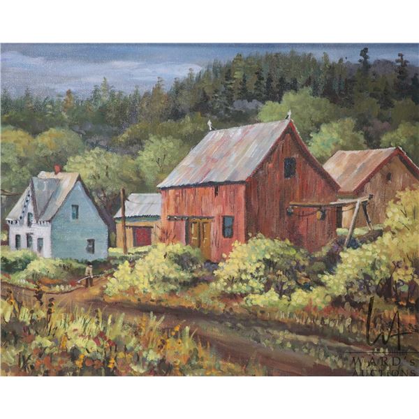 Ray Butler, framed acrylic on massonite painting, titled on verso "Peninsula Barns- Saint John", 15 