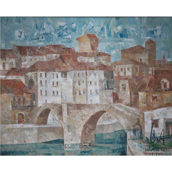 Morato Aragones, framed acrylic on canvas painting, titled on verso " Ondarroa", 25 1/2" X 32"