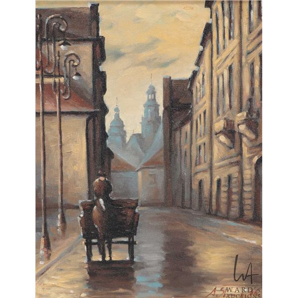 Artist signed, original oil on board painting of a wagon and rider in a European street, 17" X 13"