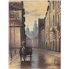 Image 1 : Artist signed, original oil on board painting of a wagon and rider in a European street, 17" X 13"