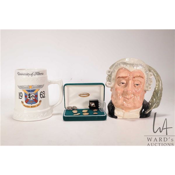 Royal Doulton character jug " The Lawyer" D6498, a selection of law related lapel pins, 10kt yellow 