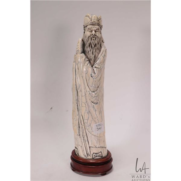 Antique/ vintage hand carved Shoulao figure on wooden base, 12" in height