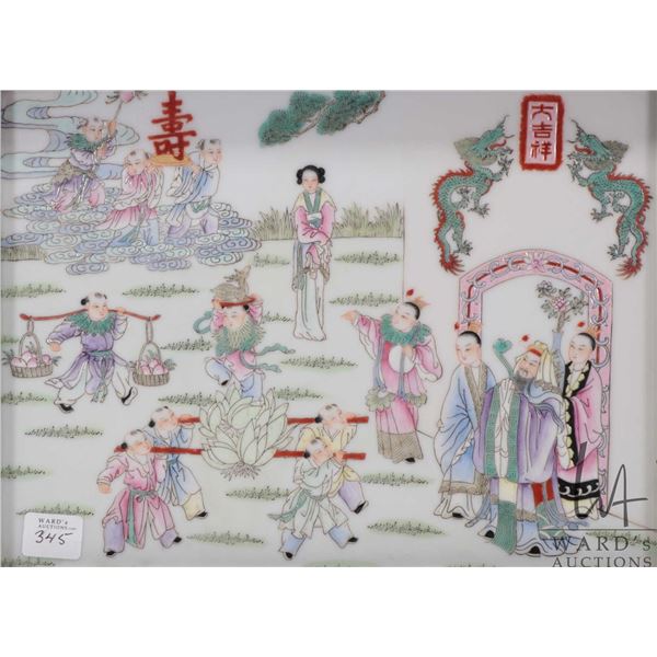 Chinese Famille Rose framed porcelain plaque featuring hand painted and incised courtyard figures, o