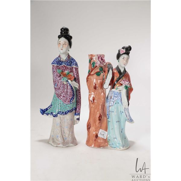 Two Chinese hand painted glazed ceramic figures including flower vase 10" and an 11 1/2" figure