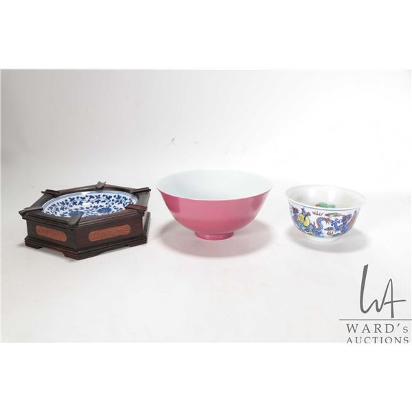Three Asian china collectibles including monochrome rouge glazed bowl 5 1/2" in diameter, polychrome