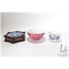 Image 1 : Three Asian china collectibles including monochrome rouge glazed bowl 5 1/2" in diameter, polychrome