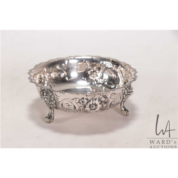 Antique ornately chased and repousse floral scroll dish on scroll feet, English hallmarks, 4 3/4" in