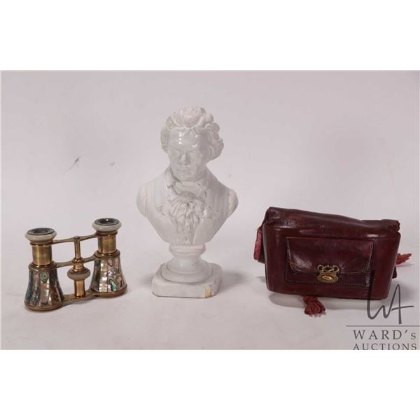 Pair of antique brass opera glasses with iridescent mother-of-pearl panels with soft leather pouch w