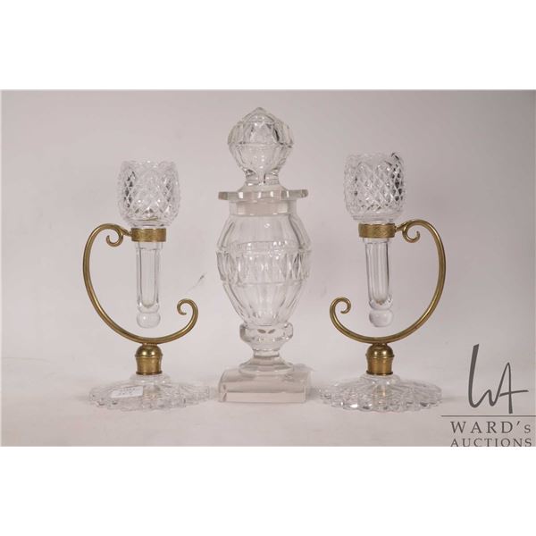 Pair of vintage/ antique cut glass candlesticks in brass and glass galley and an antique cut glass l