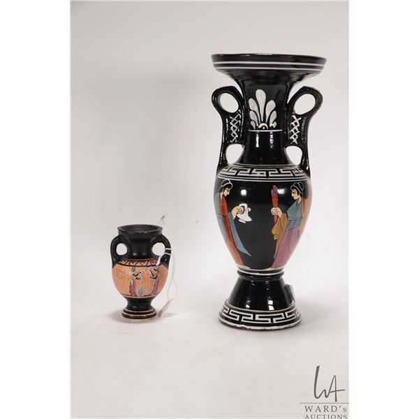 Two Egyptian style hand painted terracott vases including double handled 11" and a small 4" decorate