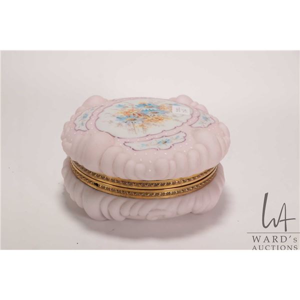 Antique Wavecrest dresser jar with hand-painted floral design with white enamel dots, includes it's 