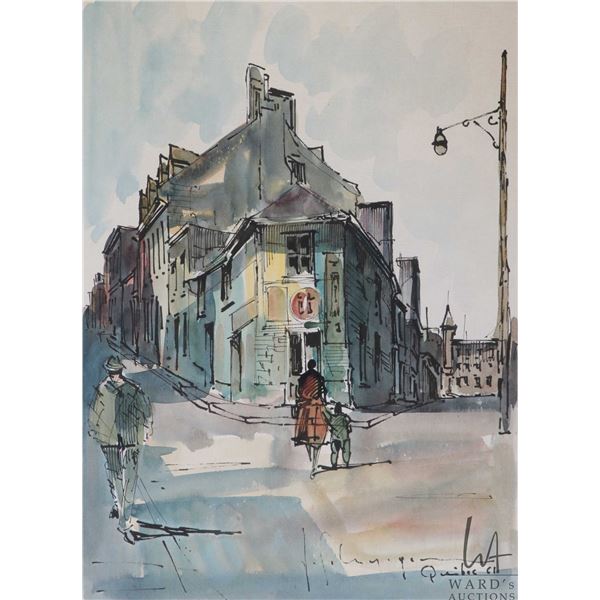 Jacques Syhyrgens, framed pen and watercolour wash painting of a Quebec street scene, 14" X 10"