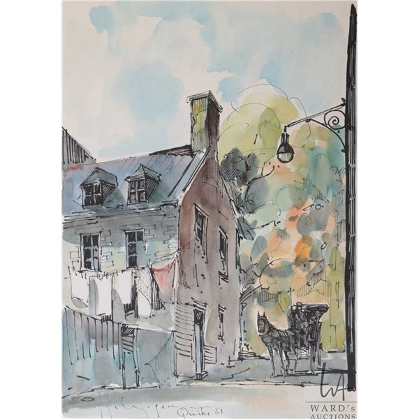 Jacques Syhyrgens, framed pen and watercolour painting of a street scene, 14" X 10"