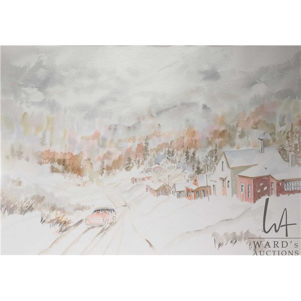 J. Mitchell, framed original watercolour painting of a snowy mountain village, 19" X 27", dated "83