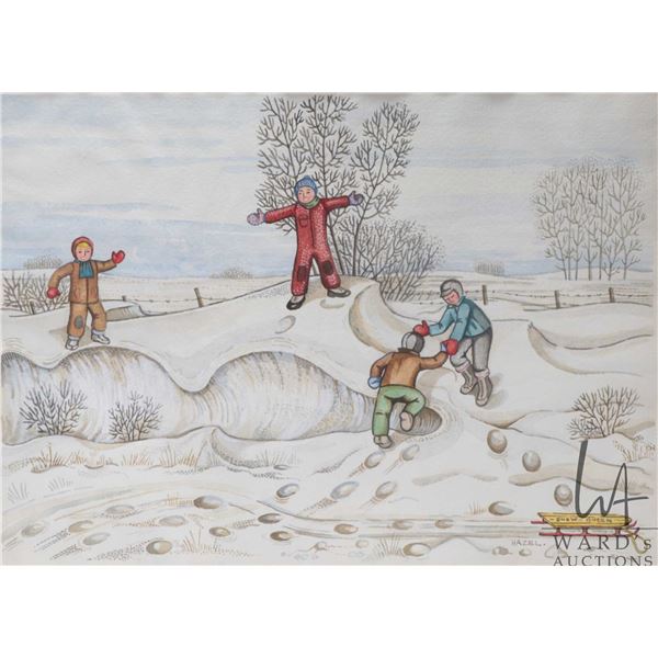 Hazel Litzkeus, framed original watercolour painting, labeled on verso "Running on the Drifts, 10" X