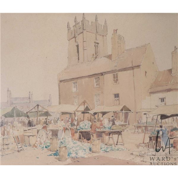 P.C. Leighton, vintage/ antique framed original watercolour painting of a European market scene, 13"