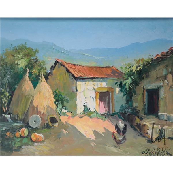 G.Ferrein (?) framed acrylic on board impressionist painting of a rustic countryside farm scene, 15 