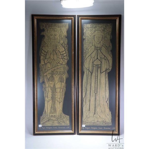 Two framed brass rubbings artworks including medieval knight Sir Roger Bellingham and Lady Margaret 