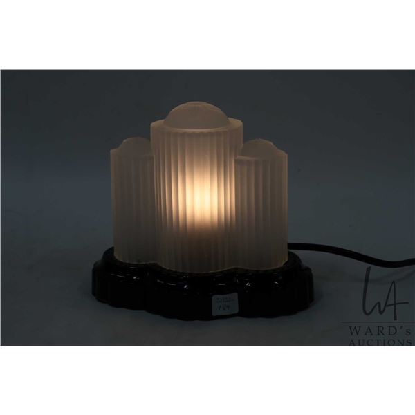 Vintage three tier art deco "skyscraper" boudior lamp with frosted glass shade and black glass base