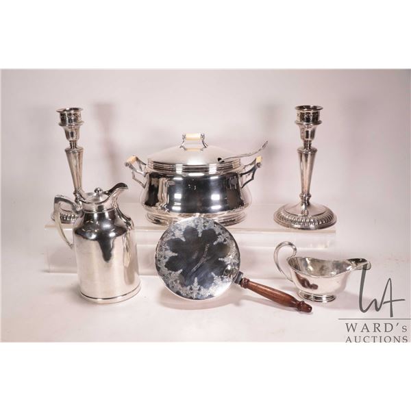 Tray lot of vintage silver-plate including a pair of candlesticks, glass lined thermal jug, crumb ca