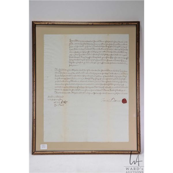 Framed antique hand written indenture, overall dimensions including frame 20" X 16"
